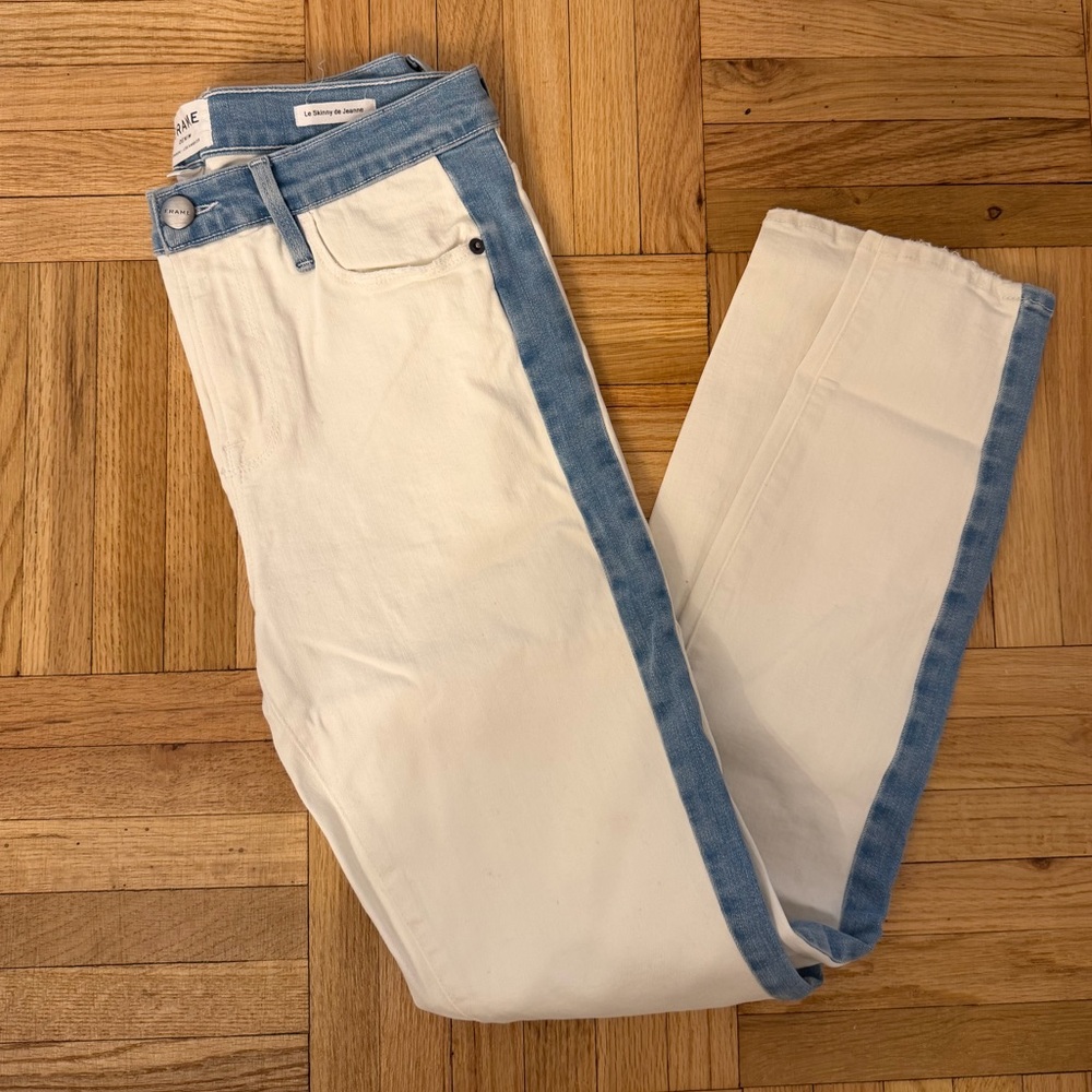Frame Denim White Jeans with Blue Trim